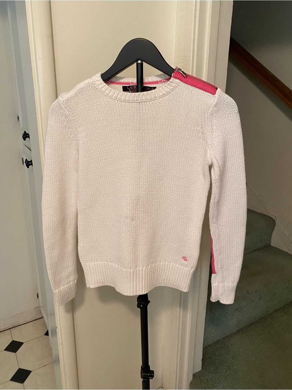 Women’s Lauren Ralph Lauren White Crewneck Sweater with Pink Zip Details,size XS